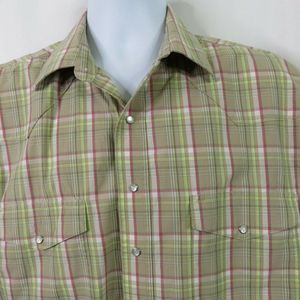 Wrangler Western Plaid Shirt Pearl Snap Mens Long Tall SS 100% Cotton Tan Cowboy